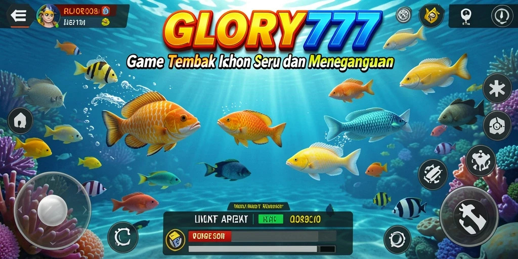 Screenshot gameplay GLORY777 menampilkan ikan berwarna-warni dan aksi menembak yang seru.