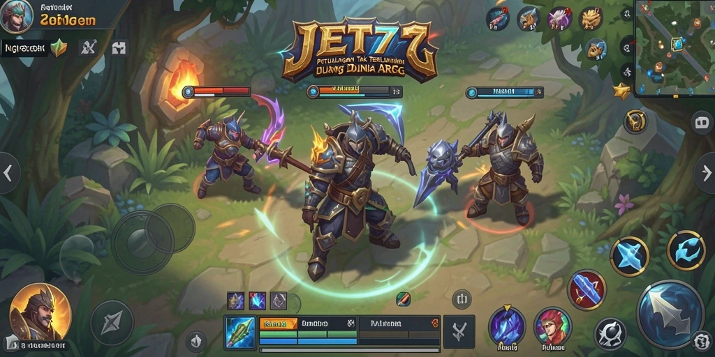 Tampilan dinamis gameplay JET77 dengan karakter bertarung melawan monster.