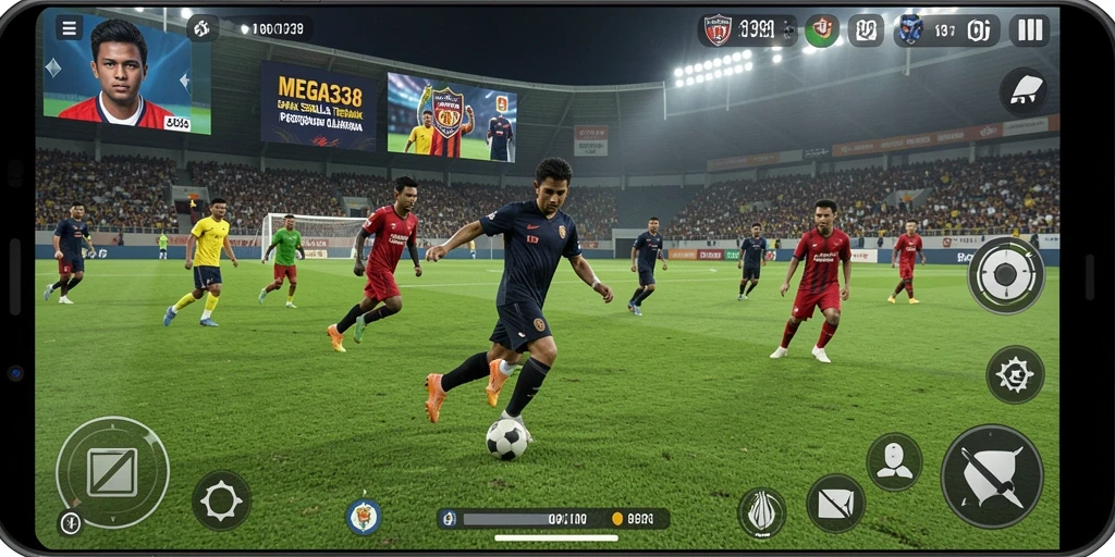 Screenshot gameplay MEGA338 yang menunjukkan pertandingan sepak bola mendebarkan.