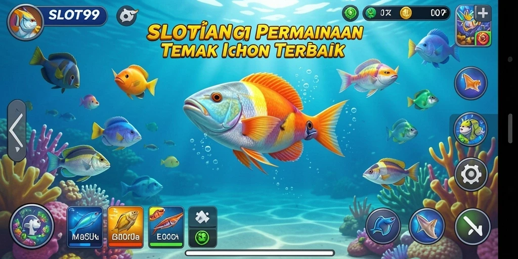 Screenshot SLOT99 menampilkan aksi seru saat menembak ikan.