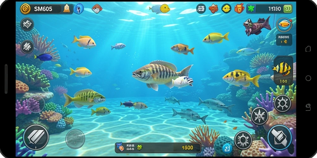 Screenshot gameplay SM605 menampilkan aksi menembak ikan yang mendebarkan.